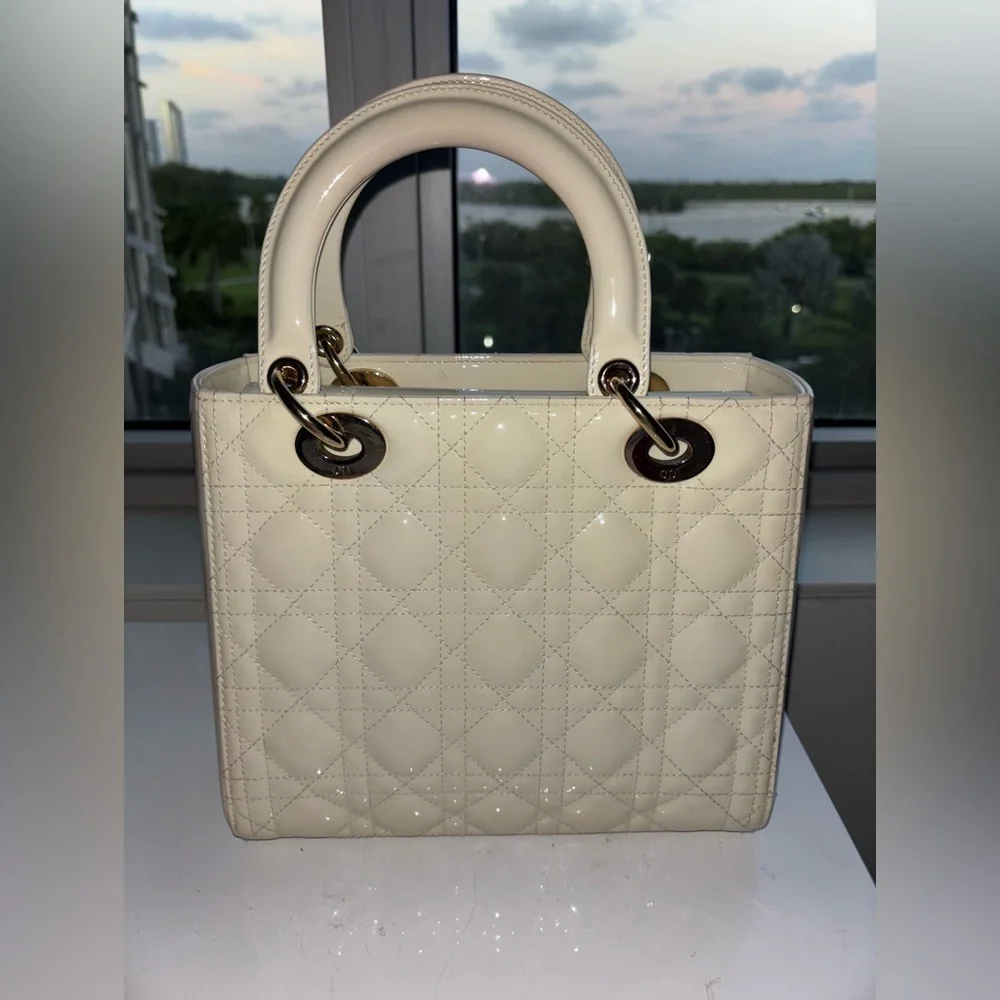 Authentic Christian Lady Dior White Handbag with Christian Dior blue Twilly